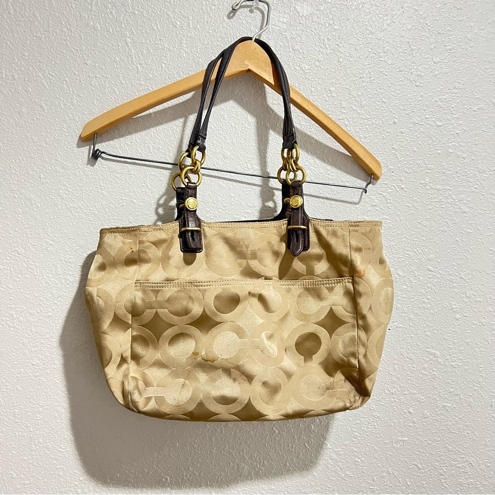 Coach Mia Op Art Lure Brown Sateen Leather Handbag Purse